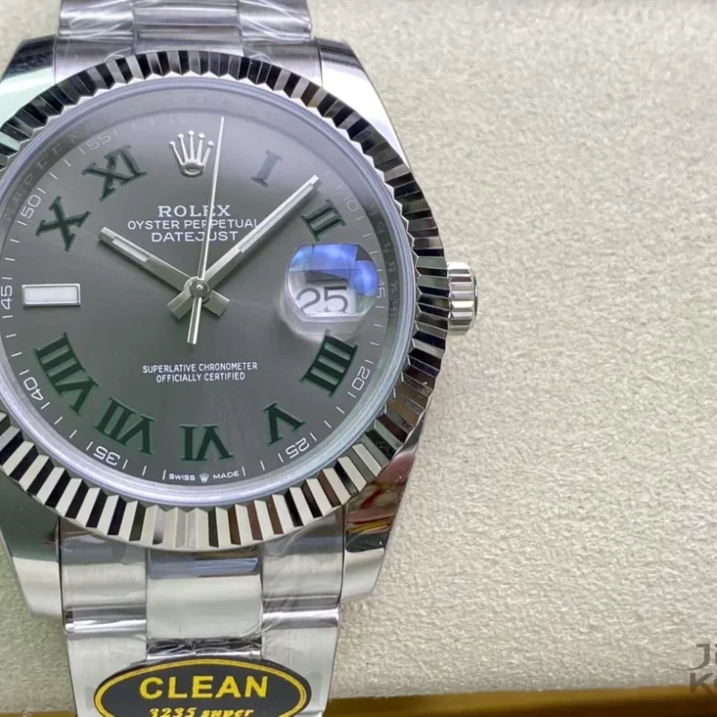 ロレックス デイトジャスト 41 126334-0021 グレー/グリーン ローマ オイスターブレスレット【Clean工場出品】