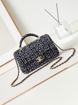 シャネル 24P CHANEL トップハンドル ミニ クラシック ハンドバッグ コットン ツイード & スパンコール ブラック AS2431