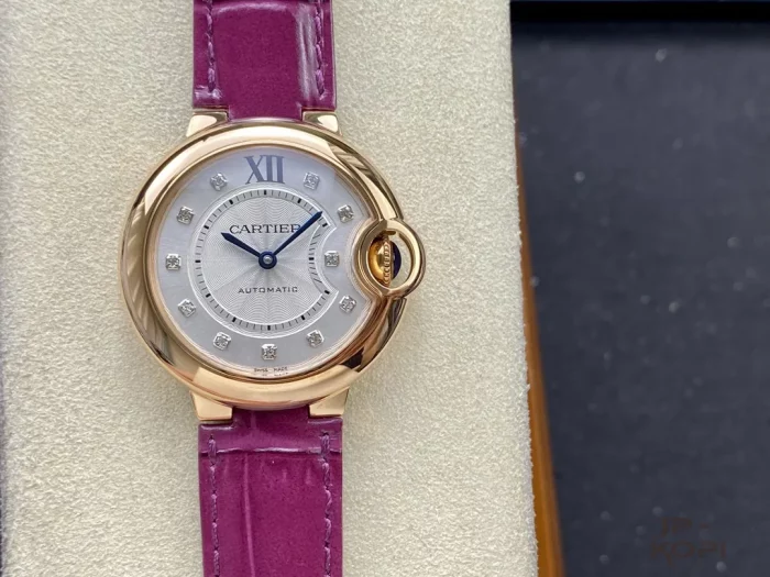 カルティエ バロンブルー WE902063｜33mm レディース｜ダイヤモンド11個＆RGレザー仕様【3K工場製】